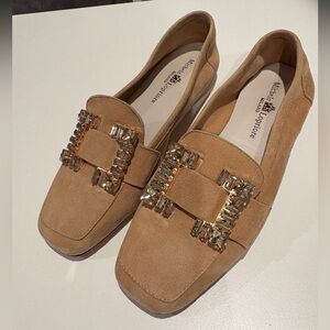 Michele Lopriore slip on flats suede camel jewel buckle size 36